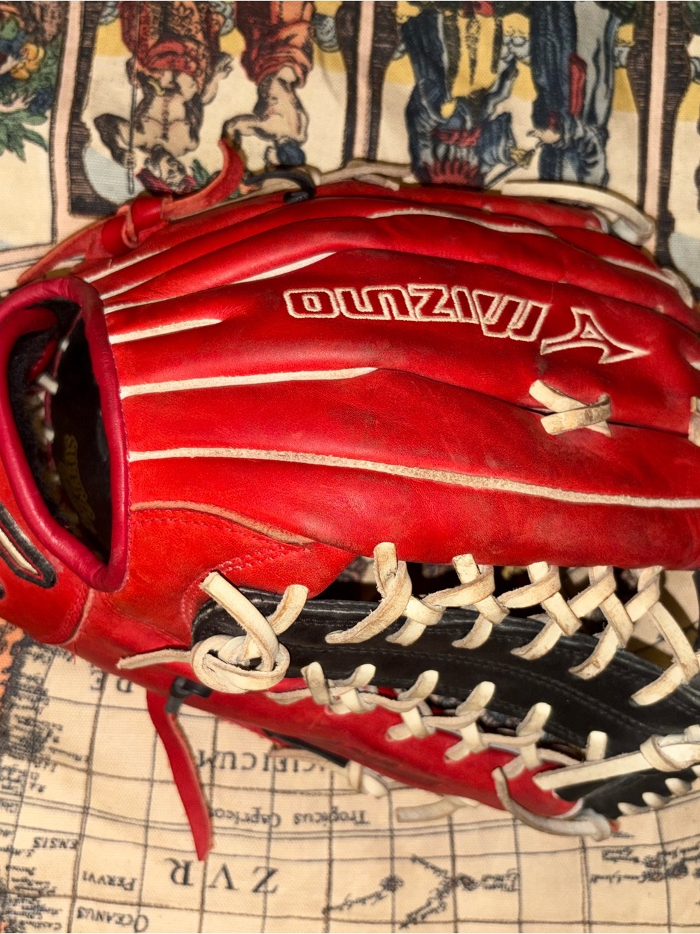 Mizuno Red and Black Leather Baseball Glove with White Lacing